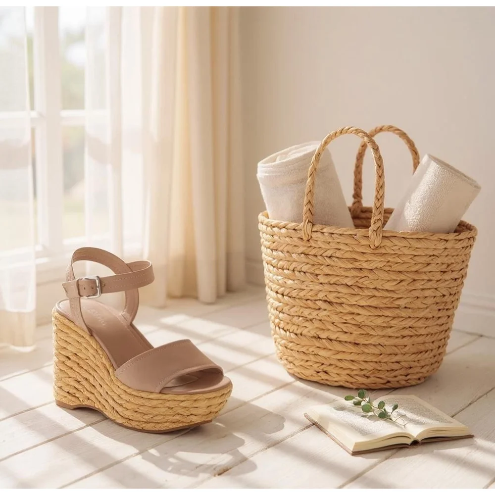 Marc Fisher Women Braided Raffia Chunky Platform Sandals 8.5 M Tan Beige